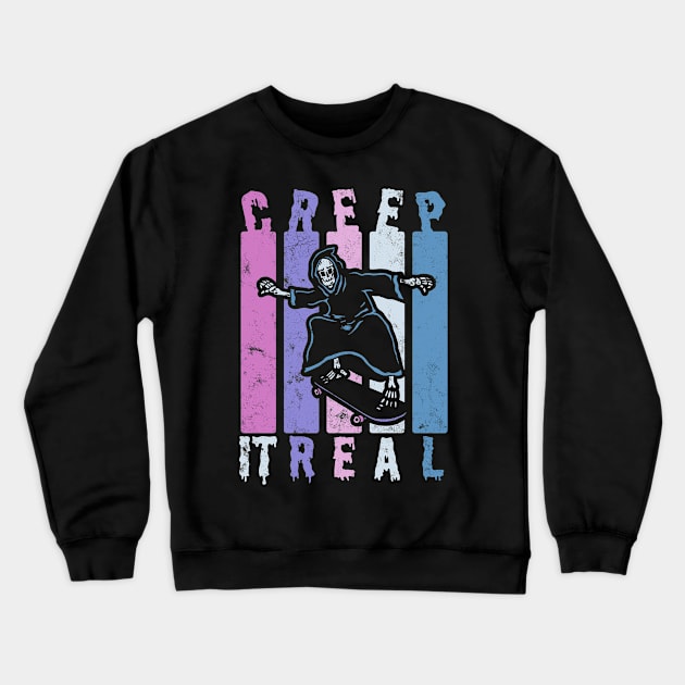 Creep It Real Spooky Halloween Skeleton Skateboarding Skater Crewneck Sweatshirt by OrangeMonkeyArt